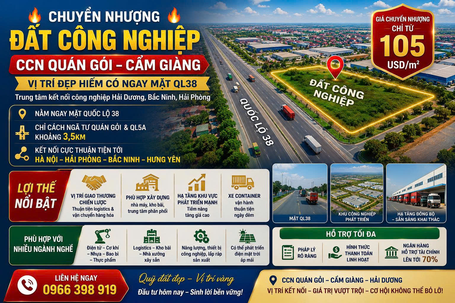 Chuyển nhượng đất từ 5000m2 tại Cụm CN Quán Gỏi, Cẩm Giàng- Hải Dương